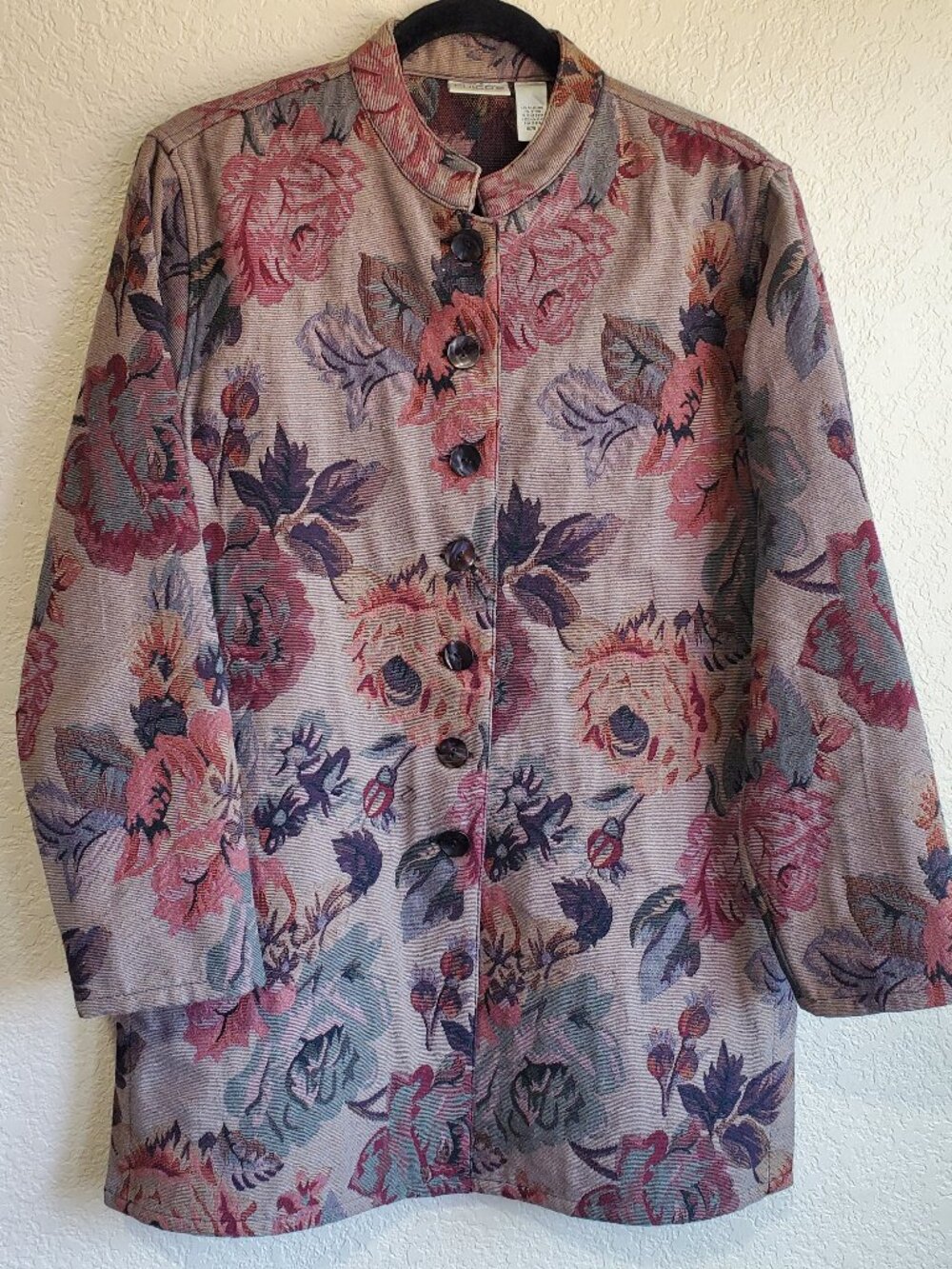 Chicos 1 Tapestry Jacket Taupe Pink Botanical Print Layering Vintage Inspired 8